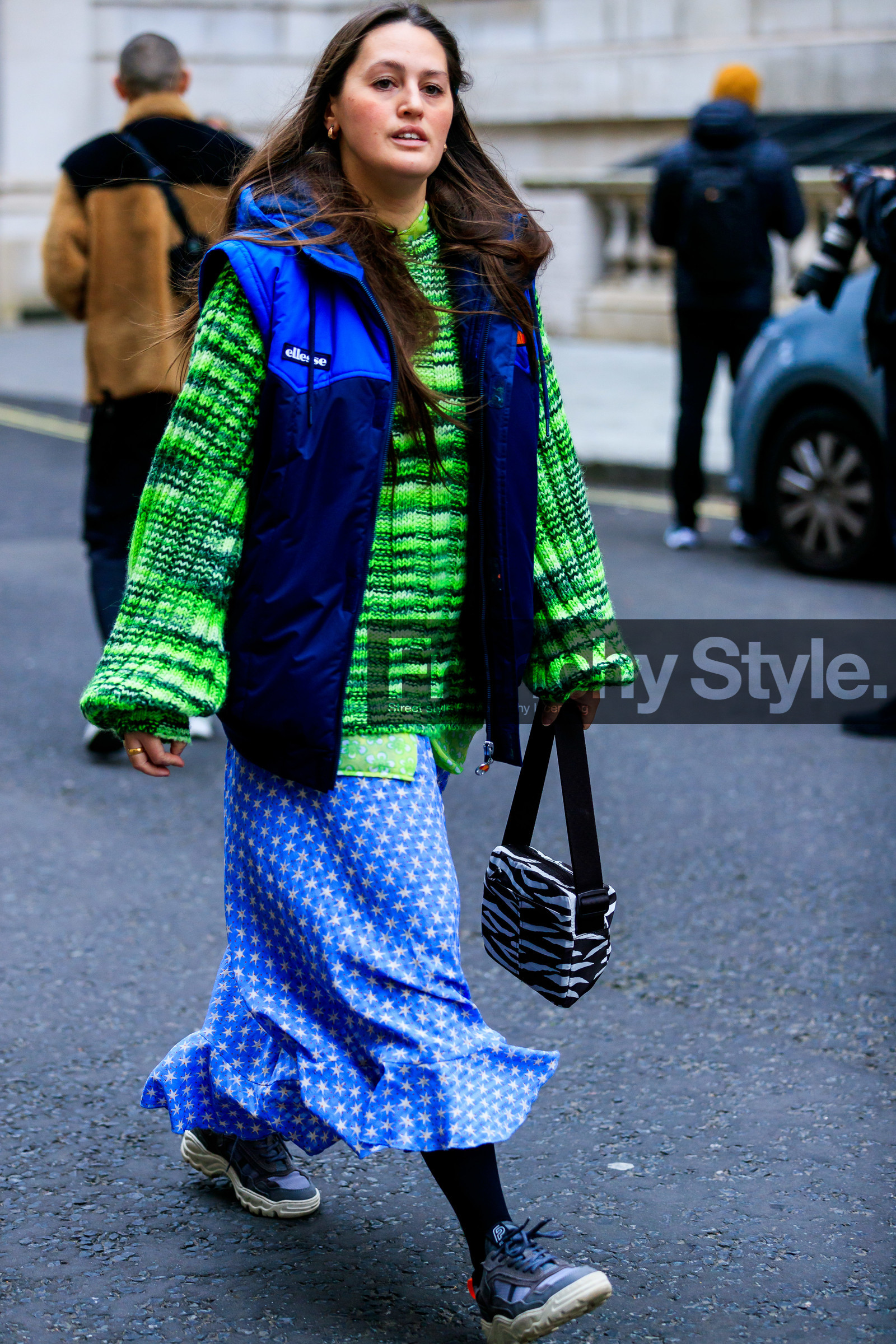 animal print, black and white bag, black bag, blue jacket, blue skirt, graphic bag, graphic skirt, green sweater, grey sneakers, leather bag, leather shoes, printed bag, printed skirt, sleeveless, stars, zebra, street style, jonathan paciullo, FW, frenchystyle, fashion week, LFW, LONDON, AUTUMN WINTER 2019-2020, AW 19-20, FW 19-20, FALL WINTER 2019-2020, vertical, full length