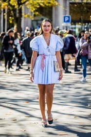 bag, balloon sleeves, black sandals, blue dress, dress, embroidery, Nina Suess, sandals, short dress, silver bag, statement shoes, strass, striped dress, stripes, fashion week, frenchystyle, FW, jonathan paciullo, street style, PFW, PARIS, SPRING SUMMER 2022, SS 22, vertical, full length