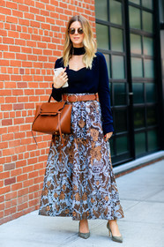 black scarf, black top, brown bag, brown belt, choker, embroidered skirt, fashion week, frenchystyle, full length, FW, grey heels, high heels, high waist, jonathan paciullo, lace skirt, leather bag, leather belt, NEW YORK, NYFW, SPRING SUMMER 2017, SS 17, street style, sunglasses, vertical, woman