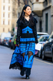 AUTUMN WINTER 2017-2018, AW 17-18, black dress, black shoes, blue dress, choker, embroidered dress, FALL WINTER 2017-2018, fashion week, frenchystyle, full length, FW, FW 17-18, jonathan paciullo, lace dress, leather shoes, long dress, MFW, MILAN, necklace, street style, vertical
