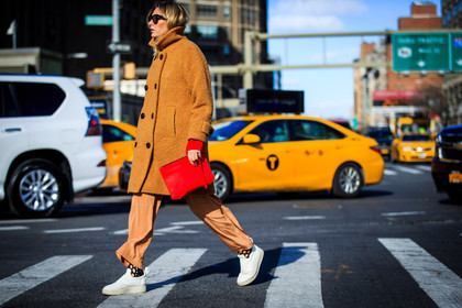 atmosphere details, AUTUMN WINTER 2016-2017, AW 16-17, brown coat, camel jacket, camel pants, camille charriere, fashion week, fishnet, frenchystyle, full length, FW, FW 16-17, horizontal, jonathan paciullo, leather sneakers, NEW YORK, NYFW, red clutch, silk pants, street style, sunglasses, white sneakers, woman