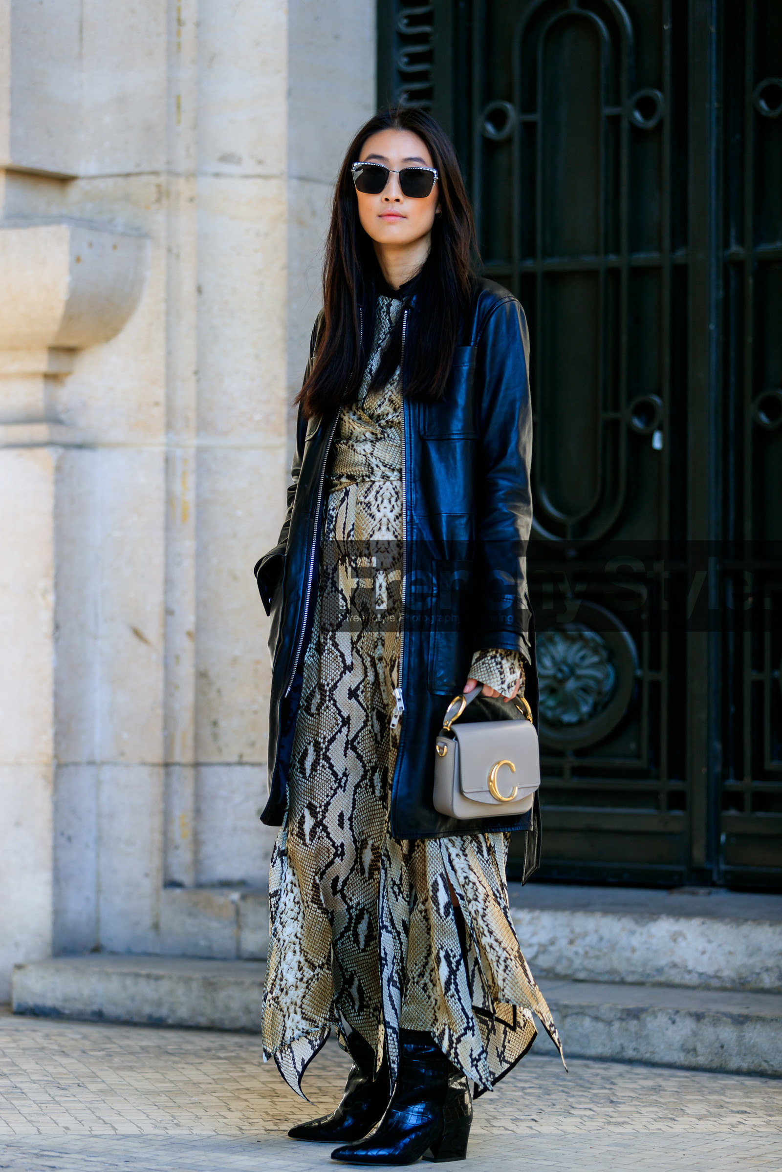 animal print, beige bag, black coat, black shoes, brown dress, chloé, graphic dress, justine lee, leather bag, leather coat, leather shoes, printed dress, snake print, sunglasses, PARIS, PFW, street style, jonathan paciullo, FW, frenchystyle, fashion week, AUTUMN WINTER 2019-2020, AW 19-20, FALL WINTER 2019-2020, FW 19-20, vertical, full length