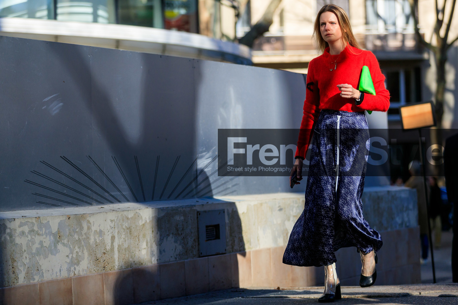 black shoes, blue skirt, graphic skirt, green bag, leather bag, leather shoes, marine serre, printed skirt, red sweater, transparent shoes, fashion week, frenchystyle, FW, jonathan paciullo, street style, PFW, PARIS, AUTUMN WINTER 2019-2020, AW 19-20, FALL WINTER 2019-2020, FW 19-20, horizontal, atmosphere details, full length