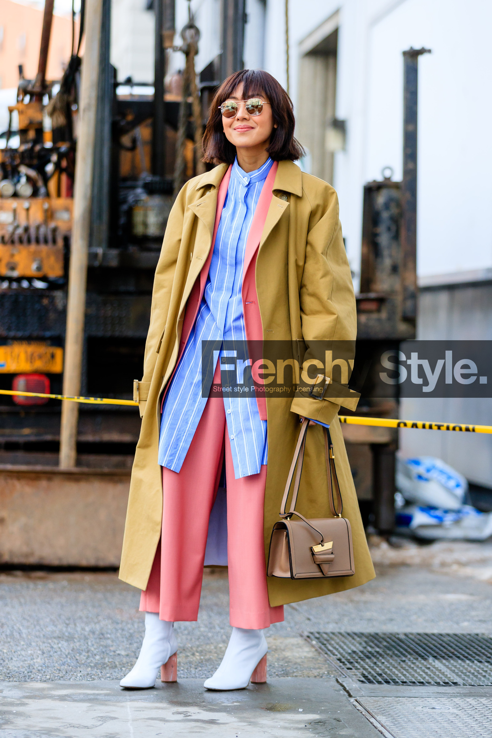 AUTUMN WINTER 2017-2018, AW 17-18, beige bag, beige coat, blazer, blue shirt, FALL WINTER 2017-2018, fashion week, frenchystyle, full length, FW, FW 17-18, high heels, jonathan paciullo, leather bag, leather boots, liz yu, NEW YORK, NYFW, overcoat, pink heels, pink jacket, pink pants, street style, striped shirt, sunglasses, trench coat, trousers, varnished leather shoes, vertical, white boots