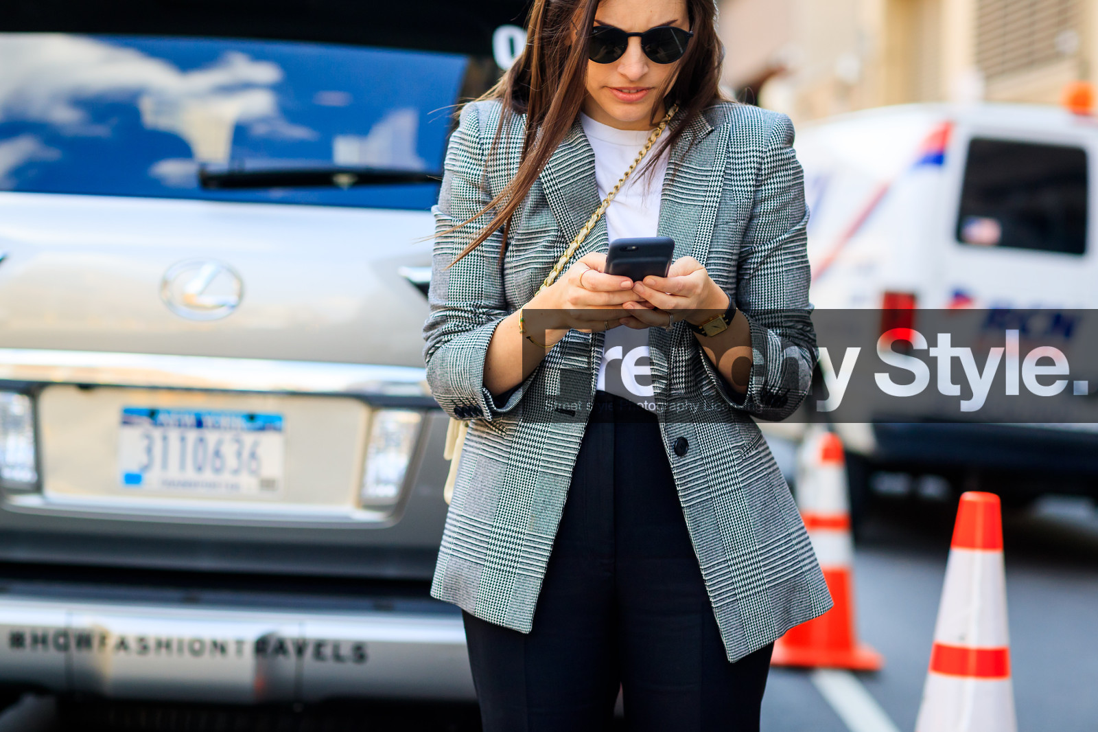 atmosphere details, black pants, blazer, checked jacket, detail, fashion week, frenchystyle, FW, grey jacket, horizontal, iphone, jonathan paciullo, NEW YORK, NYFW, SPRING SUMMER 2018, SS 18, street style, sunglasses, trousers, white t shirt