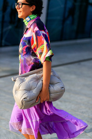 purple skirt, purple shirt, lilac skirt, lace shirt, short sleeves shirt, multicolor shirt, prada shoes, prada shirt, prada top, turtleneck top, neon green top, mid long skirt, margiela bag, quilted bag, light grey leather bag, fashion week, frenchystyle, FW, jonathan paciullo, street style, MFW, MILAN, SPRING SUMMER 2020, SS 20