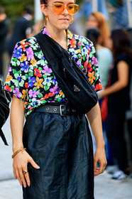 black bag, black skirt, bracelet, earrings, fanny pack, floral, flowers, graphic shirt, leather bag, leather skirt, prada, printed shirt, rings, sunglasses, fashion week, frenchystyle, FW, jonathan paciullo, street style, MFW, MILAN, SPRING SUMMER 2019, SS 19, vertical, atmosphere details, detail