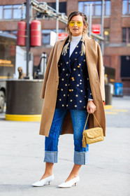 AUTUMN WINTER 2016-2017, aviator sunglasses, AW 16-17, beige coat, blazer, blue denim, braids, chanel, danielle bernstein, denim pants, FALL WINTER 2016-2017, fashion week, frenchystyle, full length, FW, FW 16-17, jeans, jonathan paciullo, kitten heels, leather bag, leather shoes, navy jacket, NEW YORK, NYFW, over the shoulder, overcoat, printed jacket, stars, street style, trousers, vertical, white heels, woman, yellow bag