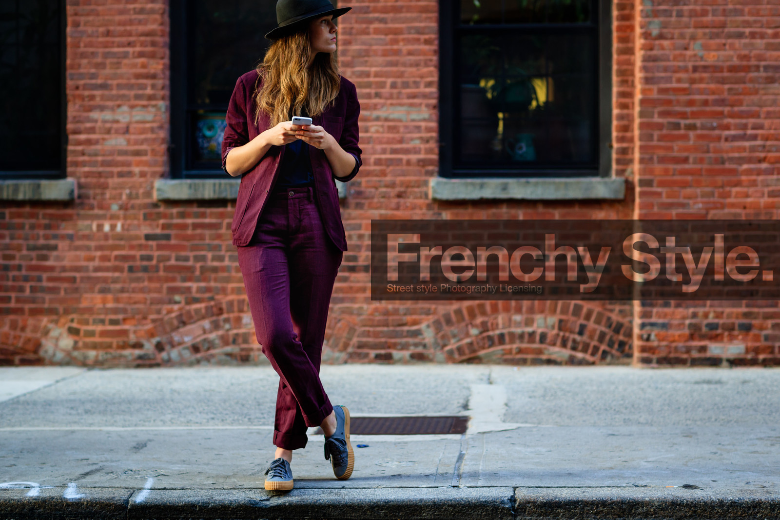 ashley owens, atmosphere details, black hat, black t shirt, blazer, bordeaux, detail, fashion week, frenchystyle, FW, grey sneakers, horizontal, iphone, jonathan paciullo, NEW YORK, NYFW, red jacket, red pants, red suit, SPRING SUMMER 2017, SS 17, street style, suede shoes, trousers, woman