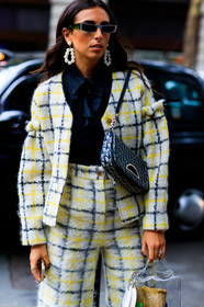 black bag, black shirt, checked, checked suit, christian dior, earrings, graphic bag, graphic jacket, graphic pants, graphic suit, leather bag, monogram, plaid, printed bag, printed jacket, printed pants, printed suit, sunglasses, transparent bag, trousers, white jacket, white pants, white suit, yellow, fashion week, frenchystyle, FW, jonathan paciullo, street style, LFW, LONDON, SPRING SUMMER 2019, SS 19, vertical, detail, atmosphere details