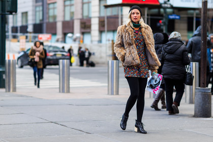 atmosphere details, AUTUMN WINTER 2016-2017, AW 16-17, black beanie, black boots, brown fur, brown jacket, FALL WINTER 2016-2017, fashion week, floral, flower, frenchystyle, full length, fur jacket, FW, FW 16-17, horizontal, jonathan paciullo, leather boots, NEW YORK, NYFW, printed dress, street style, tights, woman