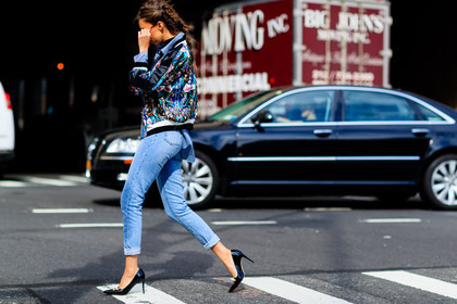 atmosphere details, black shoes, blue denim, bomber jacket, braids, denim pants, fashion week, frenchystyle, full length, FW, high heels, horizontal, jeans, jonathan paciullo, leather shoes, multicolor jacket, NEW YORK, NYFW, printed jacket, SPRING SUMMER 2017, SS 17, street style, trousers, varnished leather shoes, woman