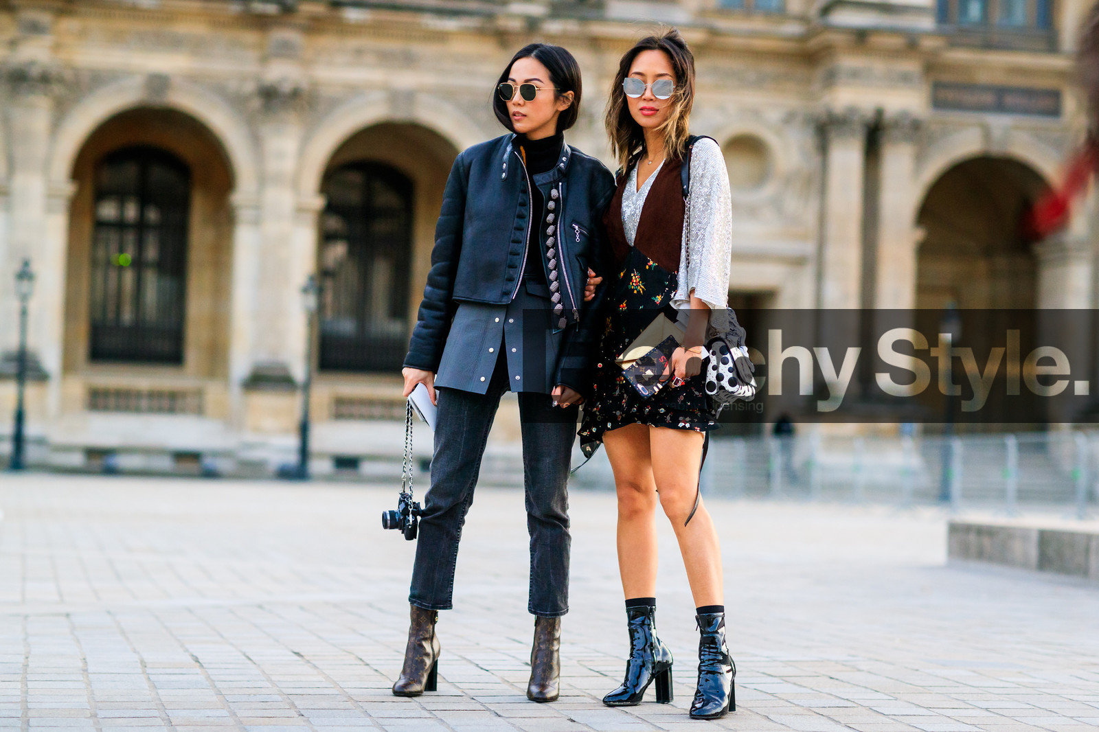 atmosphere details, AUTUMN WINTER 2017-2018, AW 17-18, black and white bag, black denim, black jacket, black perfecto, black shoes, blue denim, brown boots, camera, denim pants, FALL WINTER 2017-2018, fashion week, floral, flower, frenchystyle, full length, FW, FW 17-18, graphic shoes, high heels, horizontal, jeans, jonathan paciullo, leather bag, leather jacket, leather perfecto, leather shoes, louis vuitton, PARIS, PFW, polka dot, printed dress, printed shoes, street style, sunglasses, trousers, vanessa hong, yoyo cao