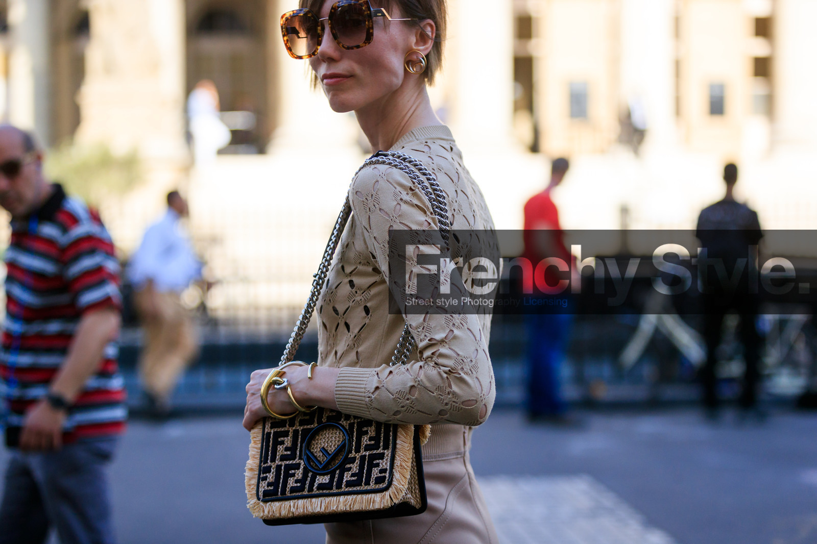 beige bag, beige sweater, bracelet, earrings, fendi, graphic bag, leather bag, monogram, printed bag, sunglasses, PFW, fashion week, frenchystyle, FW, jonathan paciullo, street style, PARIS, horizontal, atmosphere details, detail, AUTUMN WINTER 2018-2019, FALL WINTER 2018-2019, FW 18-19, vika gazinskaya