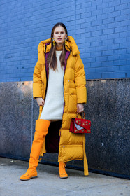 bordeaux, burgundy, earrings, embroidered bag, high boots, knit dress, leather bag, leather shoes, red bag, white dress, yellow boots, yellow coat, street style, jonathan paciullo, FW, frenchystyle, fashion week, NYFW, NEW YORK, AUTUMN WINTER 2018-2019, AW 18-19, FALL WINTER 2018-2019, FW 18-19, vertical, full length, model, alla kostromichova