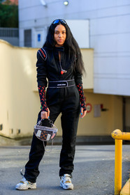 aleali may, black jumpsuit, graphic bag, leather bag, leather shoes, marine serre, printed bag, shiny shoes, silver shoes, sunglasses, transparent bag, trousers, white shoes, fashion week, frenchystyle, FW, jonathan paciullo, street style, PFW, PARIS, AUTUMN WINTER 2019-2020, AW 19-20, FALL WINTER 2019-2020, FW 19-20, vertical, full length