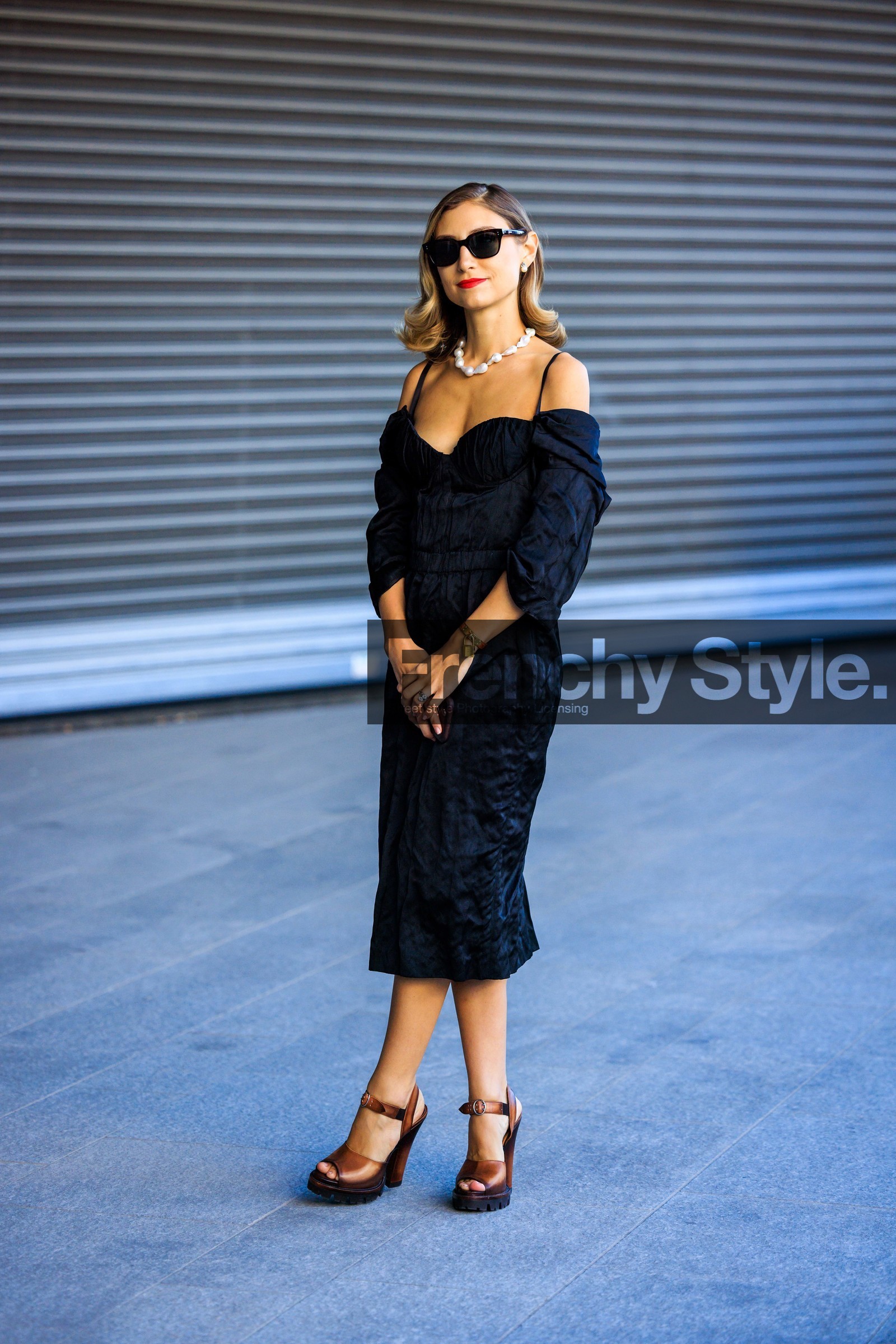 black sunglasses, pearl necklcae, black midi dress, creased dress, brown sandals, platform sandals, leather sandals, red lips, jenny walton, fashion week, frenchystyle, FW, jonathan paciullo, street style, vertical, full length