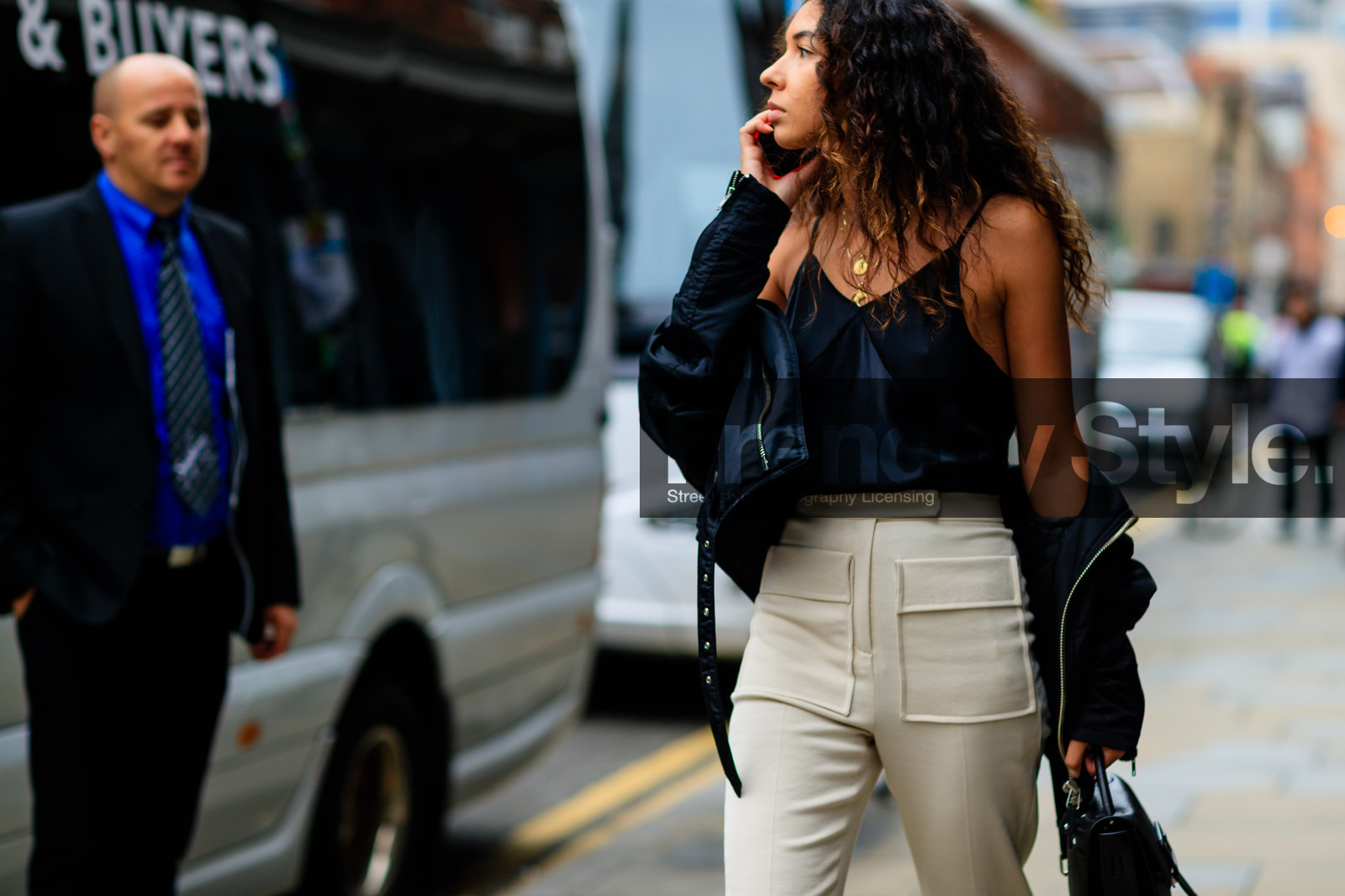 atmosphere details, beige pants, black bag, black jacket, black tank top, bomber jacket, curly hair, detail, fashion week, frenchystyle, FW, horizontal, jonathan paciullo, LFW, LONDON, off the shoulder, SPRING SUMMER 2017, SS 17, street style, trousers, woman