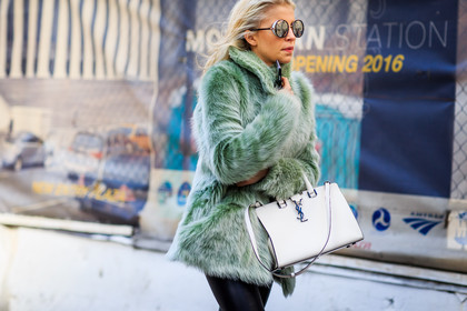atmosphere details, AUTUMN WINTER 2016-2017, AW 16-17, black pants, detail, FALL WINTER 2016-2017, fashion week, frenchystyle, fur coat, FW, FW 16-17, green coat, green fur, horizontal, jonathan paciullo, leather bag, leather pants, NEW YORK, NYFW, saint laurent paris, street style, sunglasses, trousers, white bag, woman