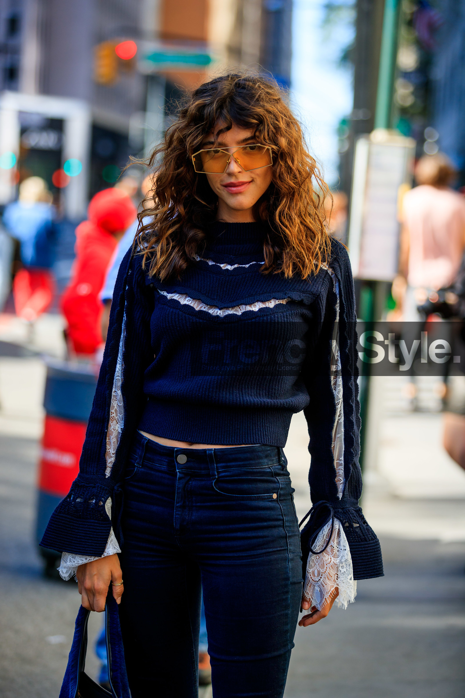 blue denim, calu rivero, denim pants, jeans, lace, navy sweater, sunglasses, trousers, fashion week, frenchystyle, FW, jonathan paciullo, street style, NEW YORK, NYFW, SPRING SUMMER 2020, SS 20, vertical, detail, atmosphere details