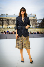leopard print dress, midi dress, grey blazer, animal print skirt, dior, black stiletto, black sunglasses, studded belt, iphone, leopard print case, jeanne damas, fashion week, frenchystyle, FW, jonathan paciullo, street style, AUTUMN WINTER 2022-2023, FALL WINTER 2022_2023, FW 22-23, PFW, PARIS, vertical, full length