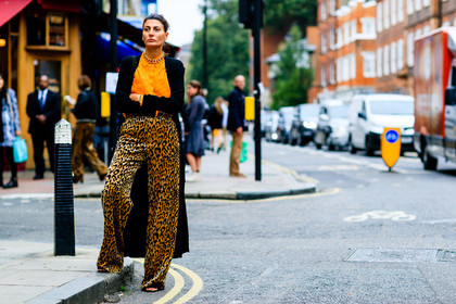 animal print, atmosphere details, black bag, black cardigan, brown pants, chains, fashion week, frenchystyle, full length, FW, giovanna battaglia, horizontal, jonathan paciullo, leather bag, leopard print, LFW, LONDON, necklace, orange shirt, printed pants, SPRING SUMMER 2017, SS 17, street style, trousers, woman