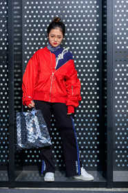 AUTUMN WINTER 2017-2018, AW 17-18, black pants, blue sweater, bomber jacket, FALL WINTER 2017-2018, fashion week, frenchystyle, full length, FW, FW 17-18, geometric, graphic bag, issey miyake, jonathan paciullo, leather bag, leather shoes, MFW, MILAN, red jacket, silver bag, street style, trousers, vertical, white sneakers