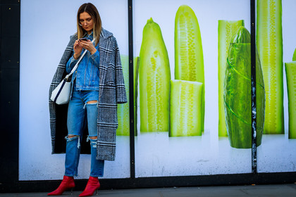 blue denim, checked, denim jacket, denim pants, graphic jacket, grey coat, high heels, houndstooth pattern, jeans, leather bag, leather shoes, over the shoulder, plaid, printed jacket, red boots, trousers, white bag, fashion week, frenchystyle, FW, jonathan paciullo, street style, LFW, LONDON, AUTUMN WINTER 2018-2019, AW 18-19, FALL WINTER 2018-2019, FW 18-19, horizontal, atmosphere details, full length