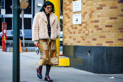 atmosphere details, AUTUMN WINTER 2016-2017, AW 16-17, black boots, brown skirt, checked skirt, dyed hair, fashion week, floral, flower, frenchystyle, full length, fur jacket, FW, FW 16-17, horizontal, jonathan paciullo, NEW YORK, NYFW, patchwork, pink fur, plaid, Preetma Singh, printed boots, printed skirt, street style, sunglasses, woman