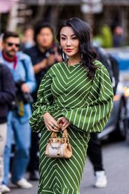 bag, ballon sleeves, beige bag, camel bag, dress, green dress, Jessica Wang, linen bag, mini bag, oversize sleeves, printed dress, stripes, white stripes, fashion week, frenchystyle, FW, jonathan paciullo, street style, PFW, PARIS, SPRING SUMMER 2022, SS 22, vertical, atmosphere details