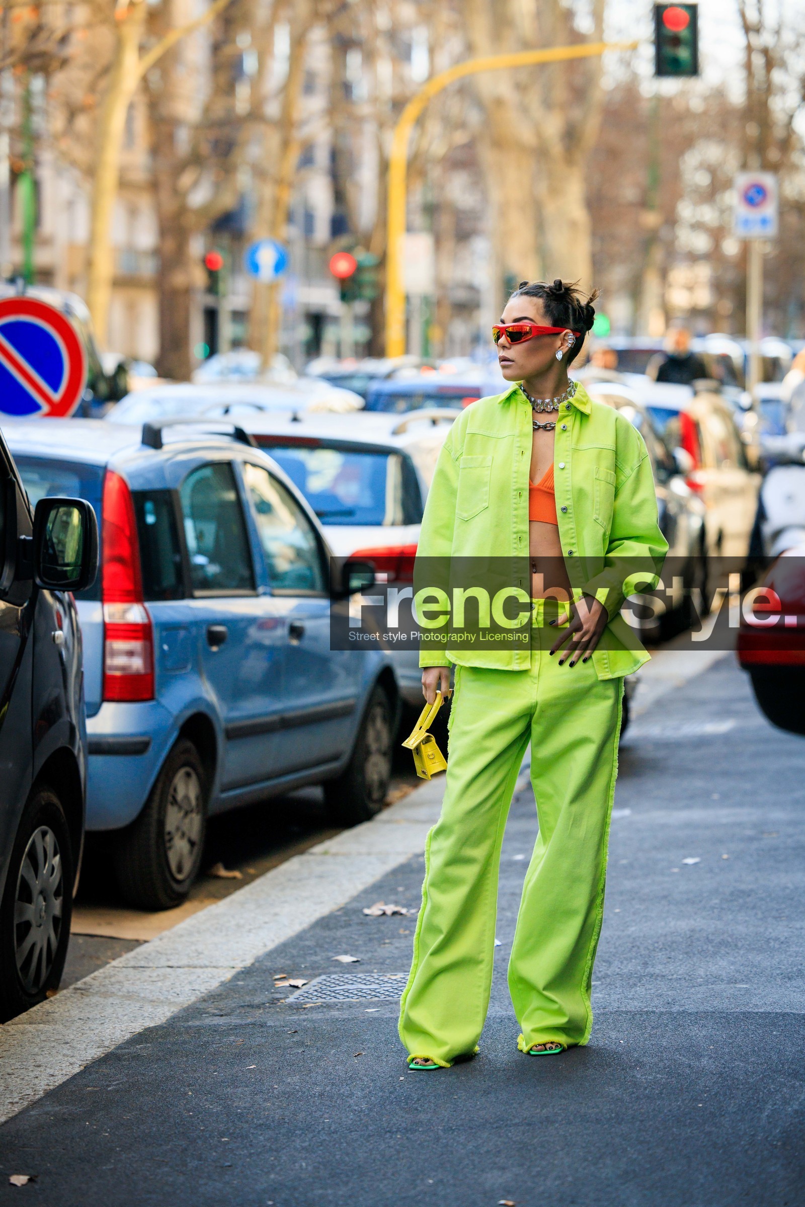 red sunglasses, silver choker, studs choker, hair bows, 90S look, green suit, fluo green look, denim look, orange top, green sandals, chiquito bag, yellow mini bag, jacquemus mini bag, karina nigay, fashion week, frenchystyle, FW, jonathan paciullo, street style, vertical, full length