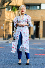 AUTUMN WINTER 2017-2018, AW 17-18, black shoes, blue denim, denim pants, embroidered shoes, FALL WINTER 2017-2018, fashion week, frenchystyle, full length, FW, FW 17-18, high heels, jeans, jonathan paciullo, kate foley, leather shoes, LFW, LONDON, printed dress, shirt dress, street style, trousers, vertical, white dress, white shirt