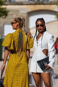 back, back detail, ballon sleeves, black bag, black pouch, black sunglasses, braid, checked dress, cut out dress, dress, embroidery, leather bag, Maria Wos, mini dress, necklace, Petra Henriette, ponytail, print, quilted bag, quilted pouch, sunglasses, white dress, yellow dress, street style, jonathan paciullo, FW, frenchystyle, fashion week, PFW, PARIS, SPRING SUMMER 2022, SS 22, vertical, atmosphere details
