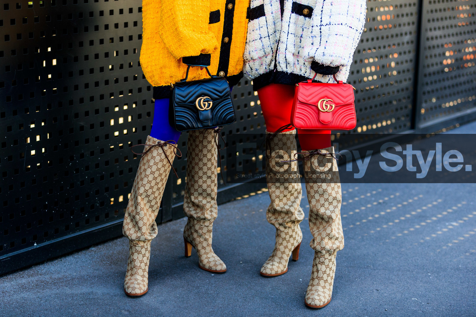 Ami and Aya Suzuki, beige boots, black bag, checked, graphic jacket, gucci, high boots, high heels, leather bag, leather shoes, monogram, necklace, plaid, printed jacket, red bag, tights, tweed jacket, white jacket, yellow jacket, fashion week, frenchystyle, FW, jonathan paciullo, street style, MFW, MILAN, AUTUMN WINTER 2019-2020, AW 19-20, FALL WINTER 2019-2020, FW 19-20, atmosphere details, detail, horizontal