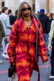 bag, black bag, black sunglasses, color, earrings, gold earrings, gold necklace, hoops, jacket, leather bag, necklace, orange jacket, orange pants, pants, pleated pants, print, printed jacket, printed pants, rectangle sunglasses, red jacket, red pants, sunglasses, yellow nails, fashion week, frenchystyle, FW, jonathan paciullo, street style, PFW, PARIS, SPRING SUMMER 2022, SS 22, vertical, atmosphere details