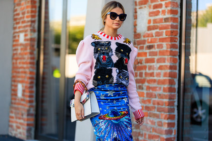 animal print, atmosphere details, blue skirt, detail, fashion week, floral, flowers, frenchystyle, FW, glitter, graphic skirt, gucci, horizontal, jonathan paciullo, leather bag, MFW, MILAN, multicolor skirt, multicolor sweater, pink sweater, printed skirt, printed sweater, sequined skirt, SPRING SUMMER 2018, SS 18, stars, street style, sunglasses, thassia naves, white bag