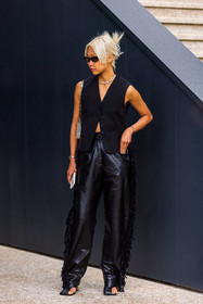 black jacket, black monochrome, black pants, black sandals, fringes, hermes look, jacket, leather pants, monochrome, necklace, paco rabanne bag, pants, sandals, silver bag, silver necklace, sleveless jacket, sunglasses, Vanessa Hong, waistcoat, fashion week, frenchystyle, FW, jonathan paciullo, street style, PFW, PARIS, SPRING SUMMER 2022, SS 22, vertical, full length