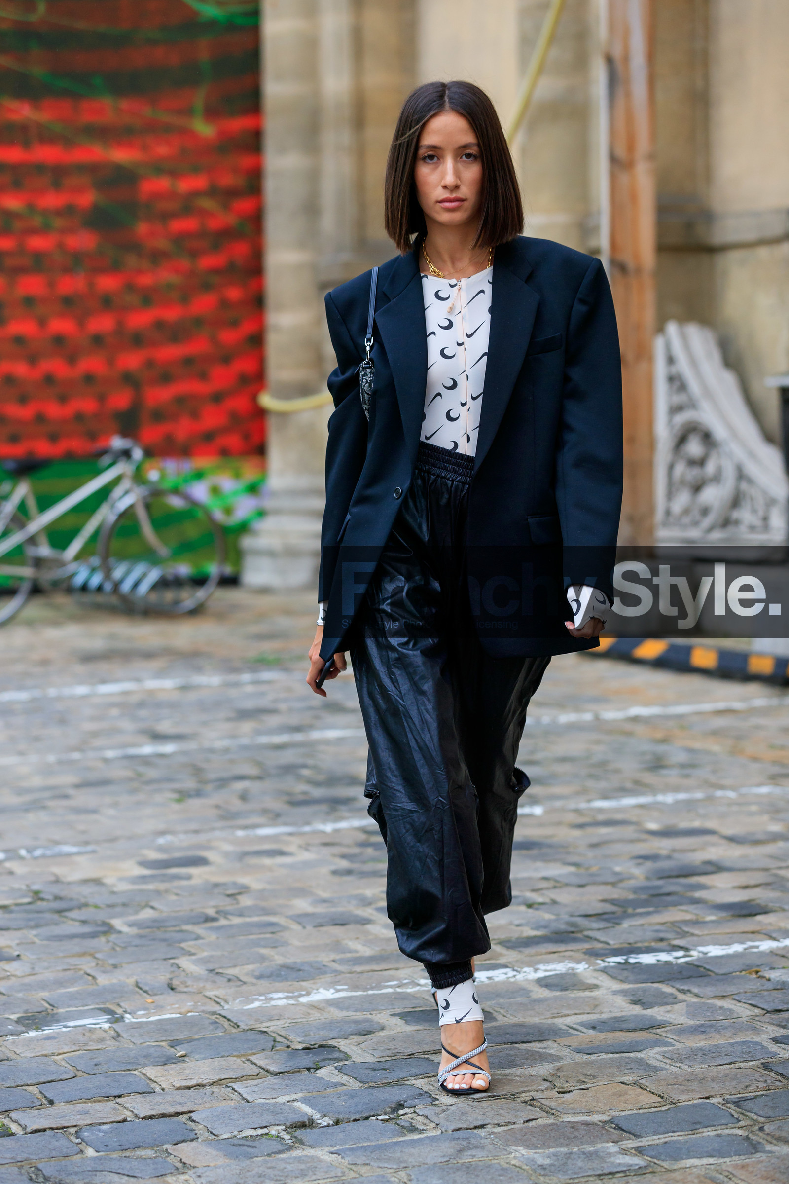 alexandra guerain, black jacket, black pants, marine serre top, white top, monogrammed top, tight top, jogging pants, marine serre pants, white pants, monogrammed pants, high heels sandals, multi straps sandals, strassed stap sandals, fashion week, frenchystyle, FW, jonathan paciullo, street style, PFW, PARIS, SPRING SUMMER 2020, SS 20, horizontal, full length