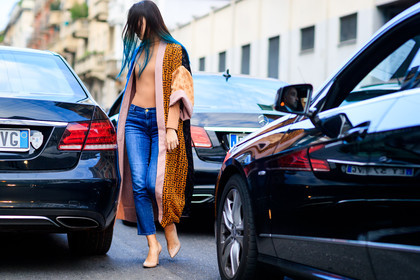 atmosphere details, beige shoes, blue denim, blue hair, body, denim pants, dyed hair, fashion week, fendi, frenchystyle, full length, FW, high heels, horizontal, jeans, jonathan paciullo, leather shoes, louis vuitton, MFW, MILAN, nude heels, printed jacket, SPRING SUMMER 2017, SS 17, street style, trousers