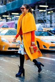 AUTUMN WINTER 2017-2018, AW 17-18, black boots, FALL WINTER 2017-2018, fashion week, frenchystyle, full length, FW, FW 17-18, high heels, jonathan paciullo, laure heriard dubreuil, leather bag, leather boots, NEW YORK, NYFW, orange coat, street style, sunglasses, vertical