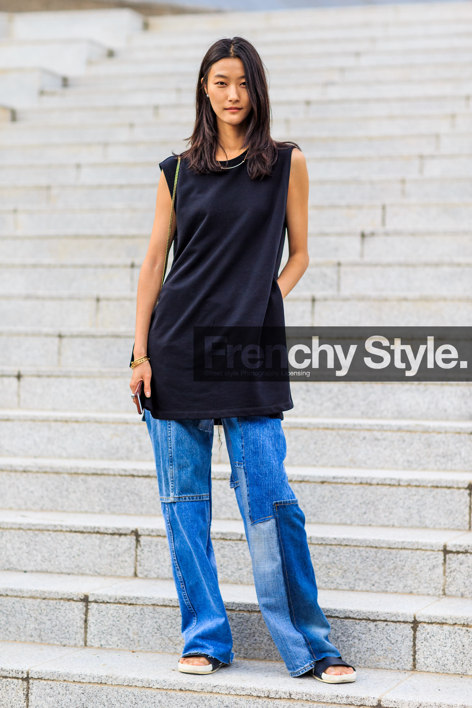 black and white shoes, black tank top, blue denim, denim pants, fashion week, frenchystyle, full length, FW, jeans, jonathan paciullo, MENSWEAR, PARIS, patchwork, PFW, SPRING SUMMER 2017, SS 17, street style, trousers, vertical