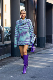 turtleneck, blue dress, jacquemus bag, knitted dress, leather bag, leather boots, Leonie Hanne, mini dress, purple bag, purple boots, striped dress, stripes, wool dress, colorful dress, knitwear, fashion week, frenchystyle, FW, jonathan paciullo, street style, SPRING SUMMER 2022, SS 22, MFW, MILAN, vertical, full length