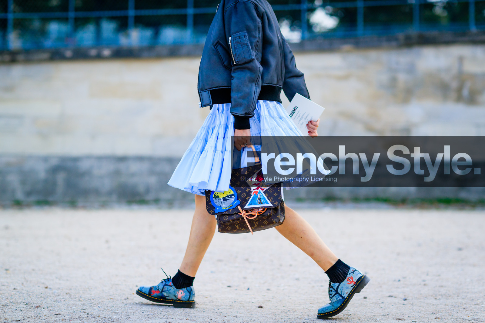 atmosphere details, black socks, blue dress, blue jacket, blue shoes, bomber jacket, brown bag, detail, dr martens, fashion week, frenchystyle, FW, horizontal, jonathan paciullo, leather bag, leather shoes, louis vuitton, monogram, PARIS, PFW, printed bag, printed shoes, sarah lerfel, SPRING SUMMER 2017, SS 17, street style