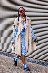 coat, flower dress, pattern, mocassins, handbag, small bag, sunglasses, fashion week, frenchystyle, FW, jonathan paciullo, street style, SPRING SUMMER 2022, SS 22, LFW, LONDON, vertical, full length