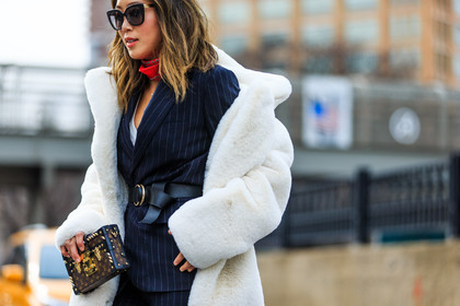 aimee song, atmosphere details, AUTUMN WINTER 2016-2017, AW 16-17, black belt, blazer, blue suit, detail, fashion week, frenchystyle, fur coat, FW, FW 16-17, horizontal, jonathan paciullo, leather belt, louis vuitton, mini bag, monogram, navy jacket, navy suit, NEW YORK, NYFW, red bandana, red scarf, street style, striped suit, sunglasses, tied up belt, white fur, woman