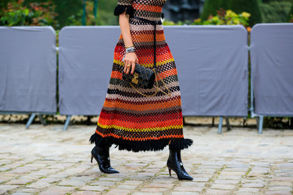 atmosphere details, black bag, black belt, black shoes, christian dior, detail, fashion week, frenchystyle, FW, graphic bag, graphic dress, high heels, horizontal, jonathan paciullo, knit dress, leather bag, leather shoes, multicolor dress, PARIS, PFW, printed bag, printed dress, sofie valkiers, SPRING SUMMER 2018, SS 18, street style, striped dress, studs