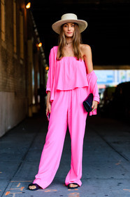 black, black bag, black sandals, fashion week, frenchystyle, full length, FW, jonathan paciullo, leather clutch, NEW YORK, NYFW, pink, pink cardigan, pink pants, pink top, SPRING SUMMER 2017, SS 17, straw hat, street style, tone on tone, total look pink, trousers, vertical, wide pants, woman