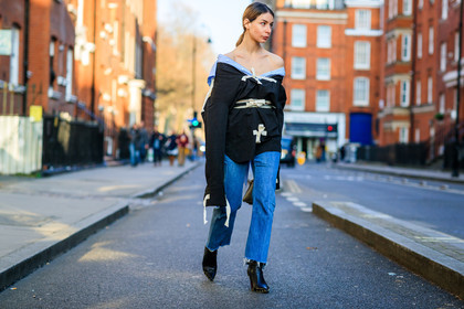 atmosphere details, AUTUMN WINTER 2017-2018, AW 17-18, balenciaga, black boots, black shirt, black shoes, blue denim, blue shirt, denim pants, FALL WINTER 2017-2018, fashion week, frenchystyle, full length, FW, FW 17-18, geometric, graphic shirt, high heels, horizontal, irina lakicevic, jeans, jonathan paciullo, leather shoes, LFW, LONDON, off the shoulder, open back, printed shirt, street style, striped shirt, trousers, vêtements