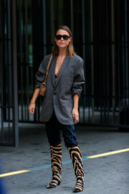 sophia roe, grey jacket, checked jacket, oversize jacket, blue jeans, denim, square shape glasses, scale sunglasses, animal printed boots, beige boots, high boots, fashion week, frenchystyle, FW, jonathan paciullo, street style, MFW, MILAN, SPRING SUMMER 2020, SS 20