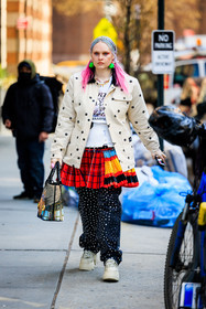 multicolor prints, printed white and black flowers jacket, pink piggy tails, green earrings, printed tshirt, red pleated plaid red and black skirt, black trousers with white dotts, printed manga tote bag, pearled platform white sneakers, kristen bateman, fashion week, frenchystyle, FW, jonathan paciullo, street style, NYFW, NEW YORK, AUTUMN WINTER 2022-2023, FALL WINTER 2022_2023, FW 22-23, vertical, full length